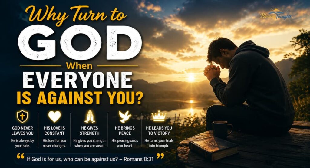 A person kneeling in prayer at sunset with a cross in the background, representing hope and divine strength when facing rejection or opposition.